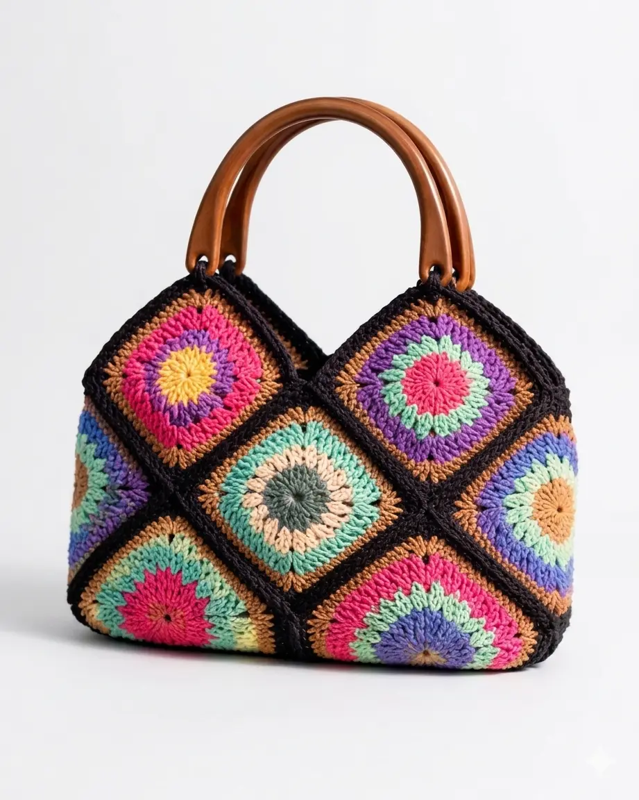 Vintage Bloom Crochet Tote – Wooden Handle Edition