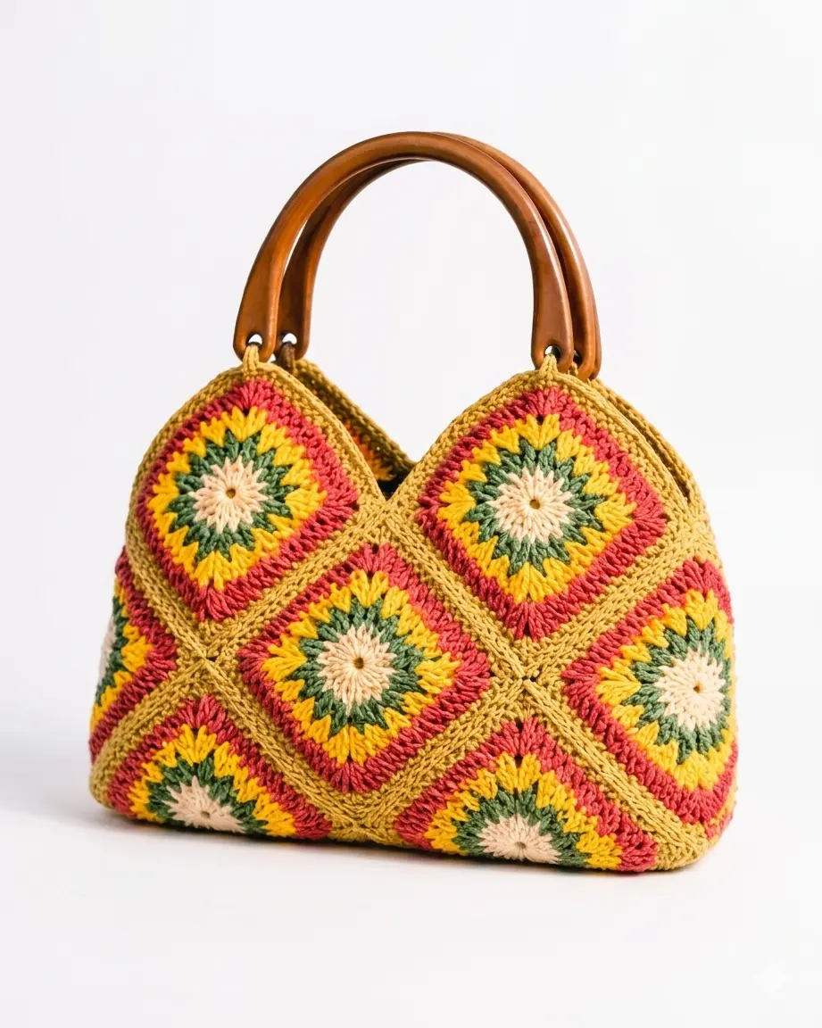 Vintage Bloom Crochet Tote – Wooden Handle Edition
